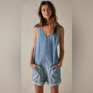 Free people denim  high roller short overalls